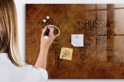 Decoratief glazen wandbord beschrijfbaar en magnetisch Een wereldkaart met persoonlijke herinneringen.