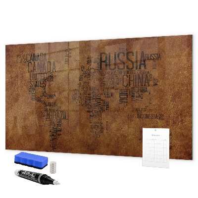 Decoratief glazen wandbord beschrijfbaar en magnetisch Een wereldkaart met persoonlijke herinneringen.