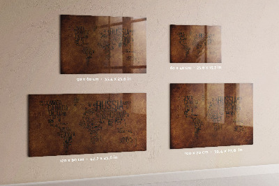 Decoratief glazen wandbord beschrijfbaar en magnetisch Een wereldkaart met persoonlijke herinneringen.