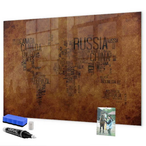 Decoratief glazen wandbord beschrijfbaar en magnetisch Een wereldkaart met persoonlijke herinneringen.