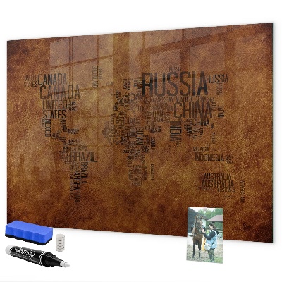 Decoratief glazen wandbord beschrijfbaar en magnetisch Een wereldkaart met persoonlijke herinneringen.