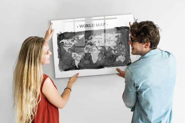 Memobord van glas met print inclusief neodymium magneten Wereldkaart met fotolocaties