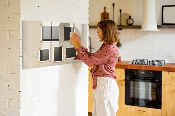 Decoratief glazen wandbord beschrijfbaar en magnetisch Een creatieve ruimte voor het creëren van mooie familieherinneringen.