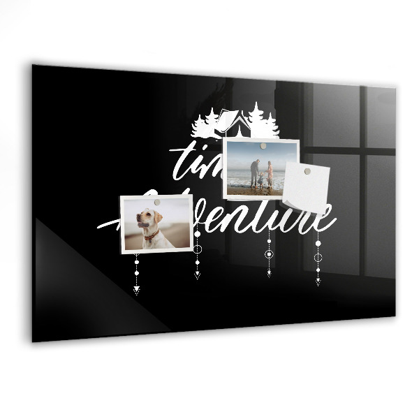 Memobord van glas met print inclusief neodymium magneten Tijd voor avonturen en herinneringen.