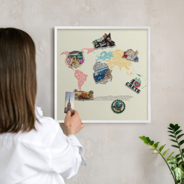 Magnetisch bord voor de muur met witte lijst Wereldkaart