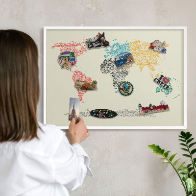 Magnetisch bord voor de muur met witte lijst Wereldkaart