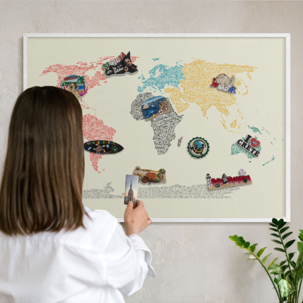 Magnetisch bord voor de muur met witte lijst Wereldkaart