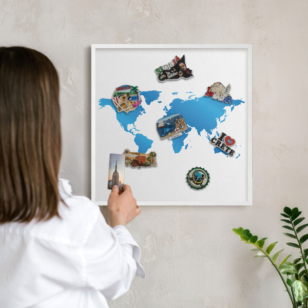 Magnetisch bord voor de muur met witte lijst Wereldkaart