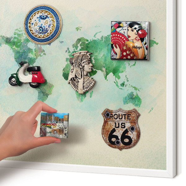 Magnetisch bord voor de muur met witte lijst Wereldkaart