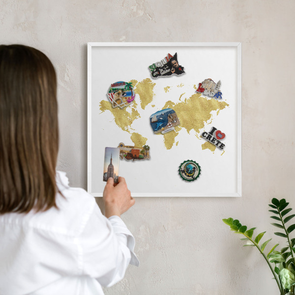 Magnetisch bord voor de muur met witte lijst Wereldkaart