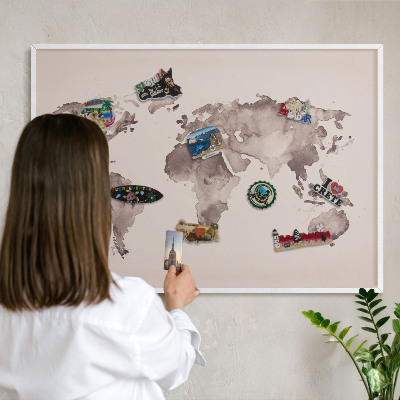 Magnetisch bord voor de muur met witte lijst Wereldkaart