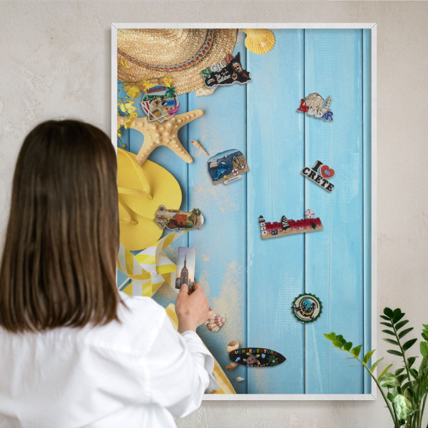Magnetisch bord van metaal in een witte lijst Strandsfeer