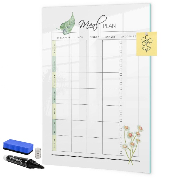 Decoratief glazen wandbord beschrijfbaar en magnetisch Maaltijdplan voor elke week