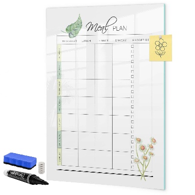 Decoratief glazen wandbord beschrijfbaar en magnetisch Maaltijdplan voor elke week