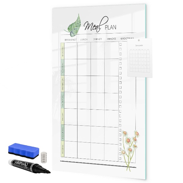 Decoratief glazen wandbord beschrijfbaar en magnetisch Maaltijdplan voor elke week