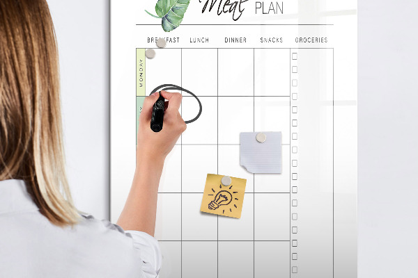 Decoratief glazen wandbord beschrijfbaar en magnetisch Maaltijdplan voor elke week