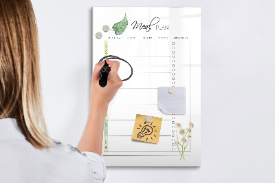 Decoratief glazen wandbord beschrijfbaar en magnetisch Maaltijdplan voor elke week