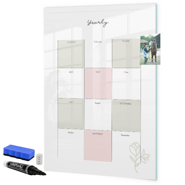 Memobord van glas met print inclusief neodymium magneten Jaarplanner met ruimte voor foto's
