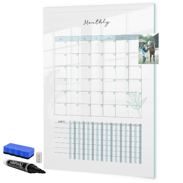 Decoratief glazen wandbord beschrijfbaar en magnetisch Maandplanner met ruimte voor foto's