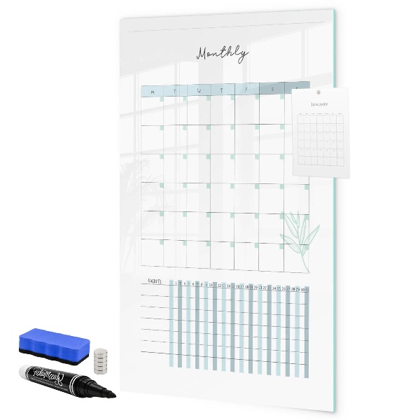 Decoratief glazen wandbord beschrijfbaar en magnetisch Maandplanner met ruimte voor foto's
