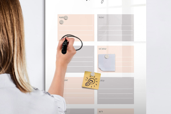 Memobord van glas met print inclusief neodymium magneten Weekplanner met ruimte voor foto's