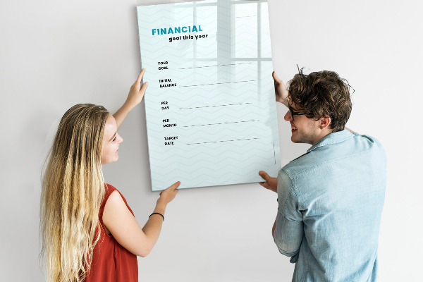 Decoratief glazen wandbord beschrijfbaar en magnetisch Financieel plan voor dit jaar