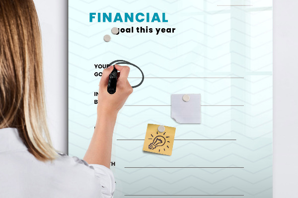 Decoratief glazen wandbord beschrijfbaar en magnetisch Financieel plan voor dit jaar