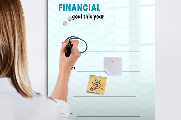 Decoratief glazen wandbord beschrijfbaar en magnetisch Financieel plan voor dit jaar