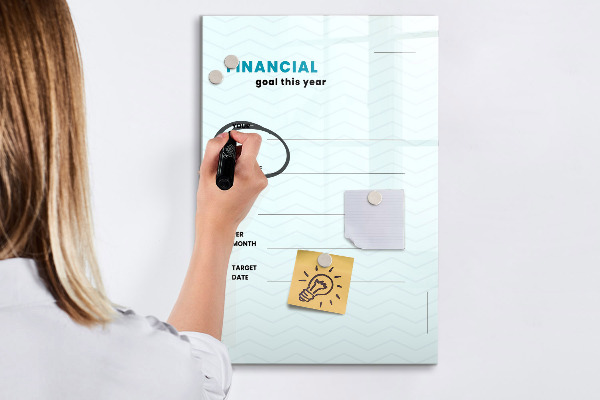 Decoratief glazen wandbord beschrijfbaar en magnetisch Financieel plan voor dit jaar