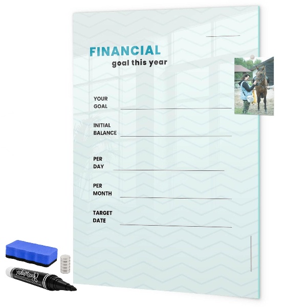 Decoratief glazen wandbord beschrijfbaar en magnetisch Financieel plan voor dit jaar