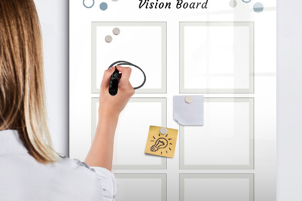 Decoratief glazen wandbord beschrijfbaar en magnetisch Visionboard voor creatieve ideeën