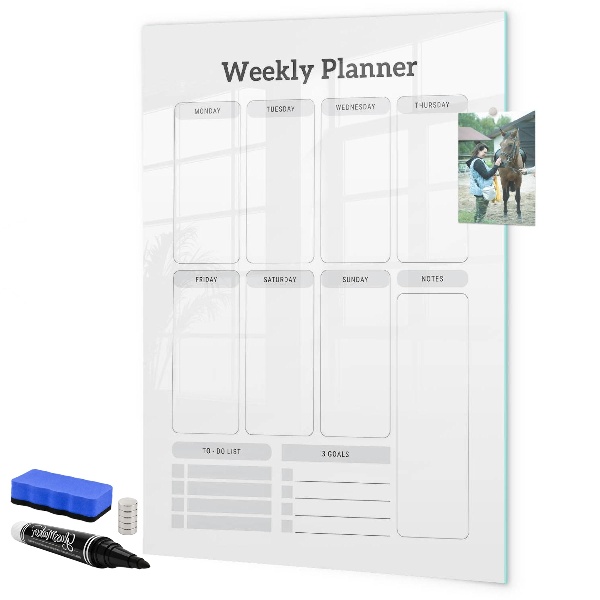 Memobord van glas met print inclusief neodymium magneten Weekplanner met ruimte voor foto's
