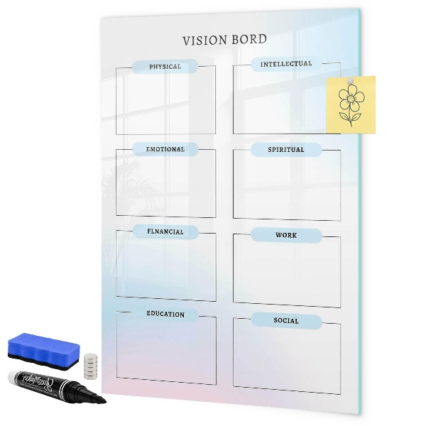 Decoratief glazen wandbord beschrijfbaar en magnetisch Visionboard voor persoonlijke doelen