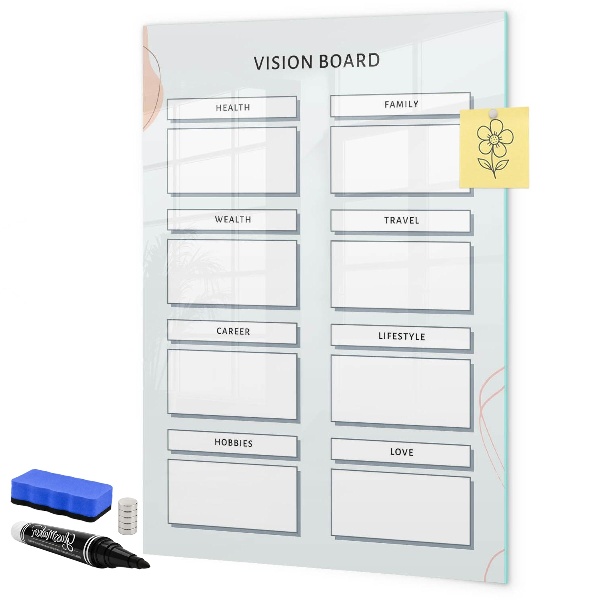 Memobord van glas met print inclusief neodymium magneten Een visionboard voor een beter leven.