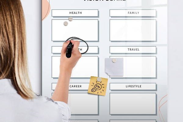 Memobord van glas met print inclusief neodymium magneten Een visionboard voor een beter leven.