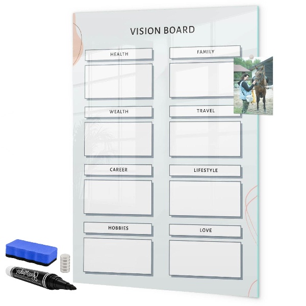 Memobord van glas met print inclusief neodymium magneten Een visionboard voor een beter leven.