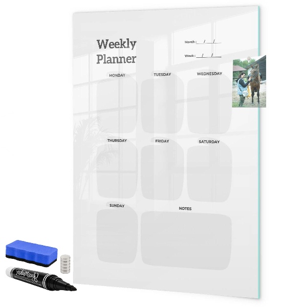 Decoratief glazen wandbord beschrijfbaar en magnetisch Weekplanner met ruimte voor foto's