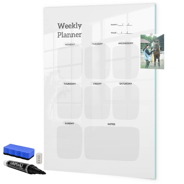 Decoratief glazen wandbord beschrijfbaar en magnetisch Weekplanner met ruimte voor foto's