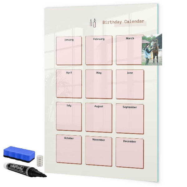 Decoratief glazen wandbord beschrijfbaar en magnetisch Verjaardagskalender met ruimte voor foto's