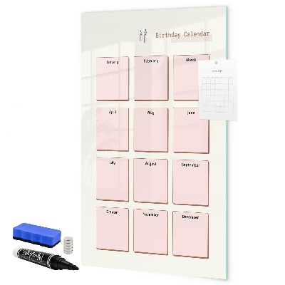 Decoratief glazen wandbord beschrijfbaar en magnetisch Verjaardagskalender met ruimte voor foto's