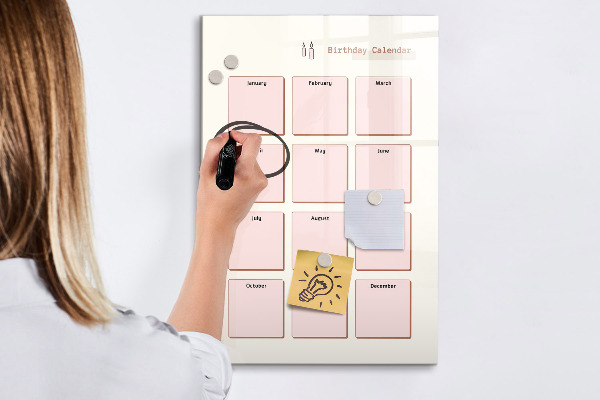 Decoratief glazen wandbord beschrijfbaar en magnetisch Verjaardagskalender met ruimte voor foto's