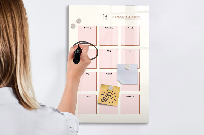 Decoratief glazen wandbord beschrijfbaar en magnetisch Verjaardagskalender met ruimte voor foto's