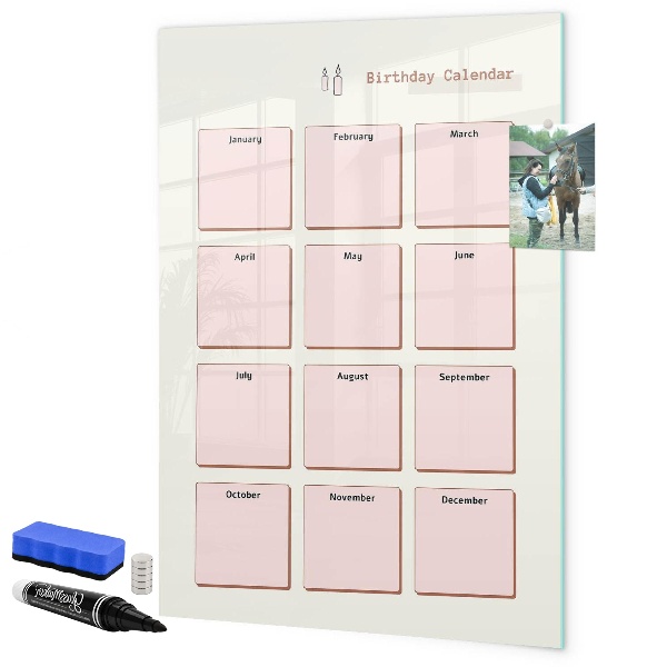 Decoratief glazen wandbord beschrijfbaar en magnetisch Verjaardagskalender met ruimte voor foto's