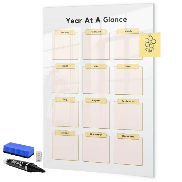 Decoratief glazen wandbord beschrijfbaar en magnetisch Jaarlijkse kalender voor personalisatie