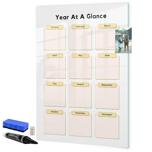 Decoratief glazen wandbord beschrijfbaar en magnetisch Jaarlijkse kalender voor personalisatie