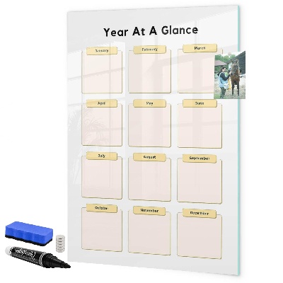 Decoratief glazen wandbord beschrijfbaar en magnetisch Jaarlijkse kalender voor personalisatie