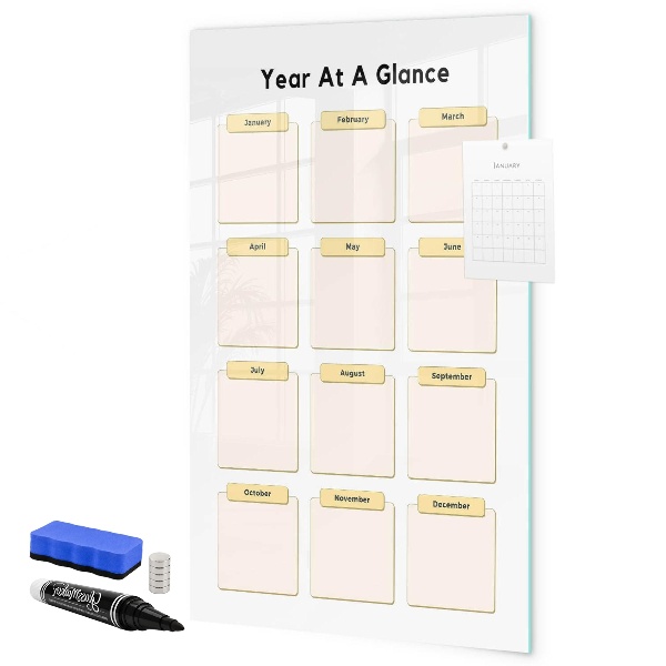 Decoratief glazen wandbord beschrijfbaar en magnetisch Jaarlijkse kalender voor personalisatie