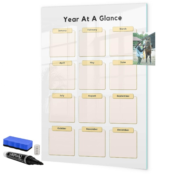 Decoratief glazen wandbord beschrijfbaar en magnetisch Jaarlijkse kalender voor personalisatie