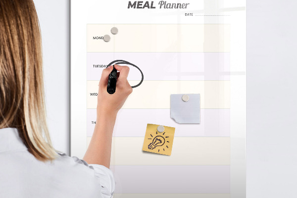 Decoratief glazen wandbord beschrijfbaar en magnetisch Maaltijdplanner voor de hele week
