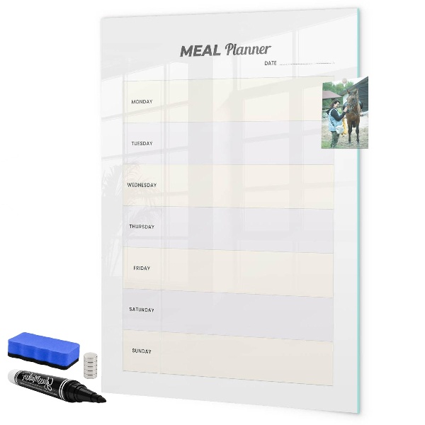 Decoratief glazen wandbord beschrijfbaar en magnetisch Maaltijdplanner voor de hele week